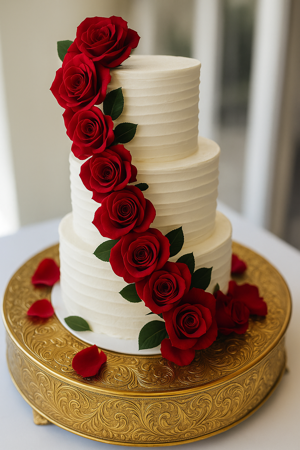 Elegant three-tier white wedding cake with cascading red roses on gold stand